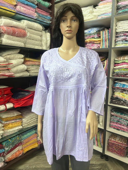 Lucknowi Chikankari Women Lavender 'Jamuni' Cotton Angrakha Styled Short Kurti