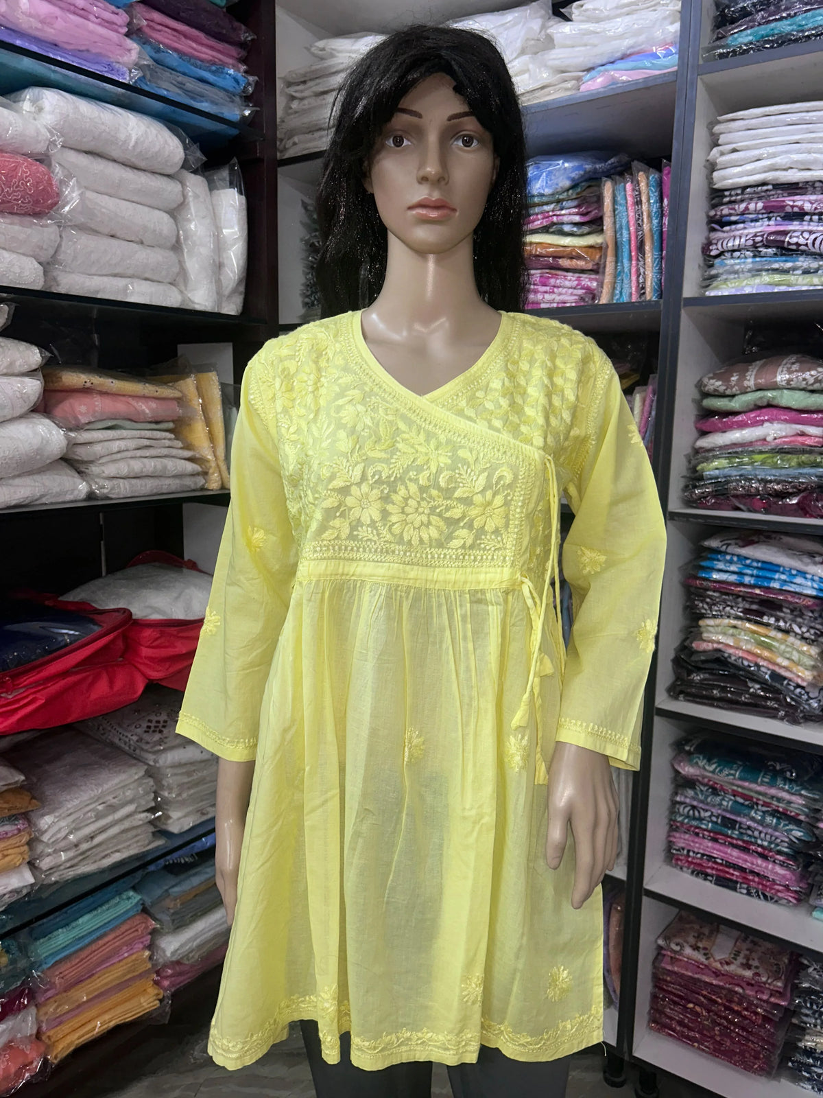 Lucknowi Chikankari Women Yellow 'Sunehri' Cotton Angrakha Styled Short Kurti