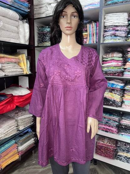 Lucknowi Chikankari Women Mauve 'Jamuni' Cotton Angrakha Styled Short Kurti
