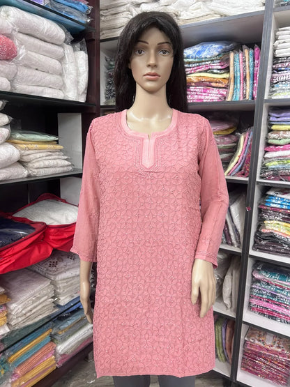 Lucknowi Chikankari Women Peach 'Aarooi' Viscose Short Kurti