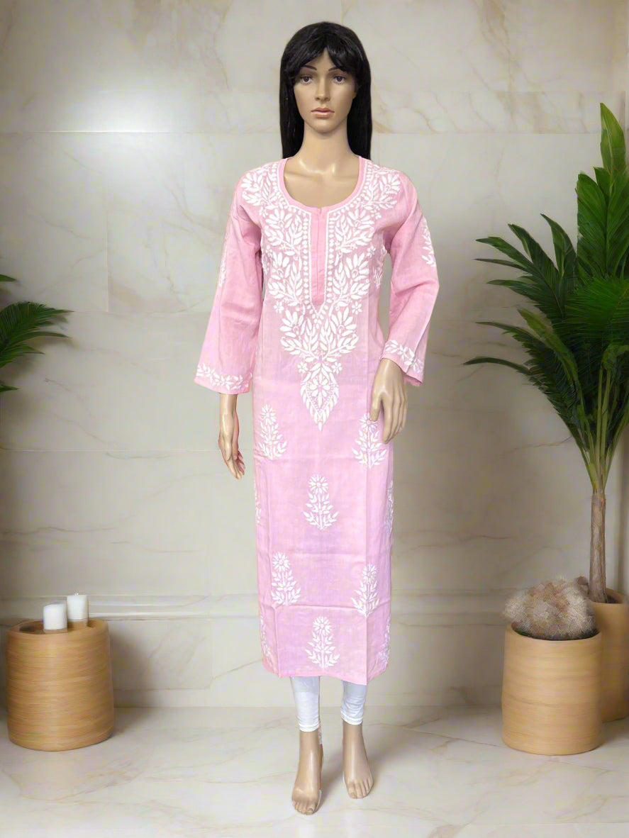 Lucknowi Chikankari Pink Cotton Kurti-K000114