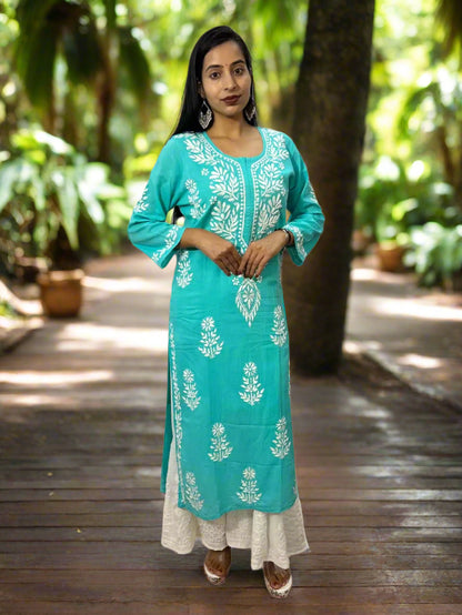 Lucknowi Chikankari Teal Green Cotton Kurti-K000118