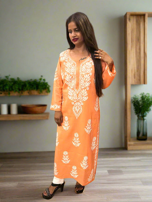 Lucknowi Chikankari Orange Cotton Kurti-K000115