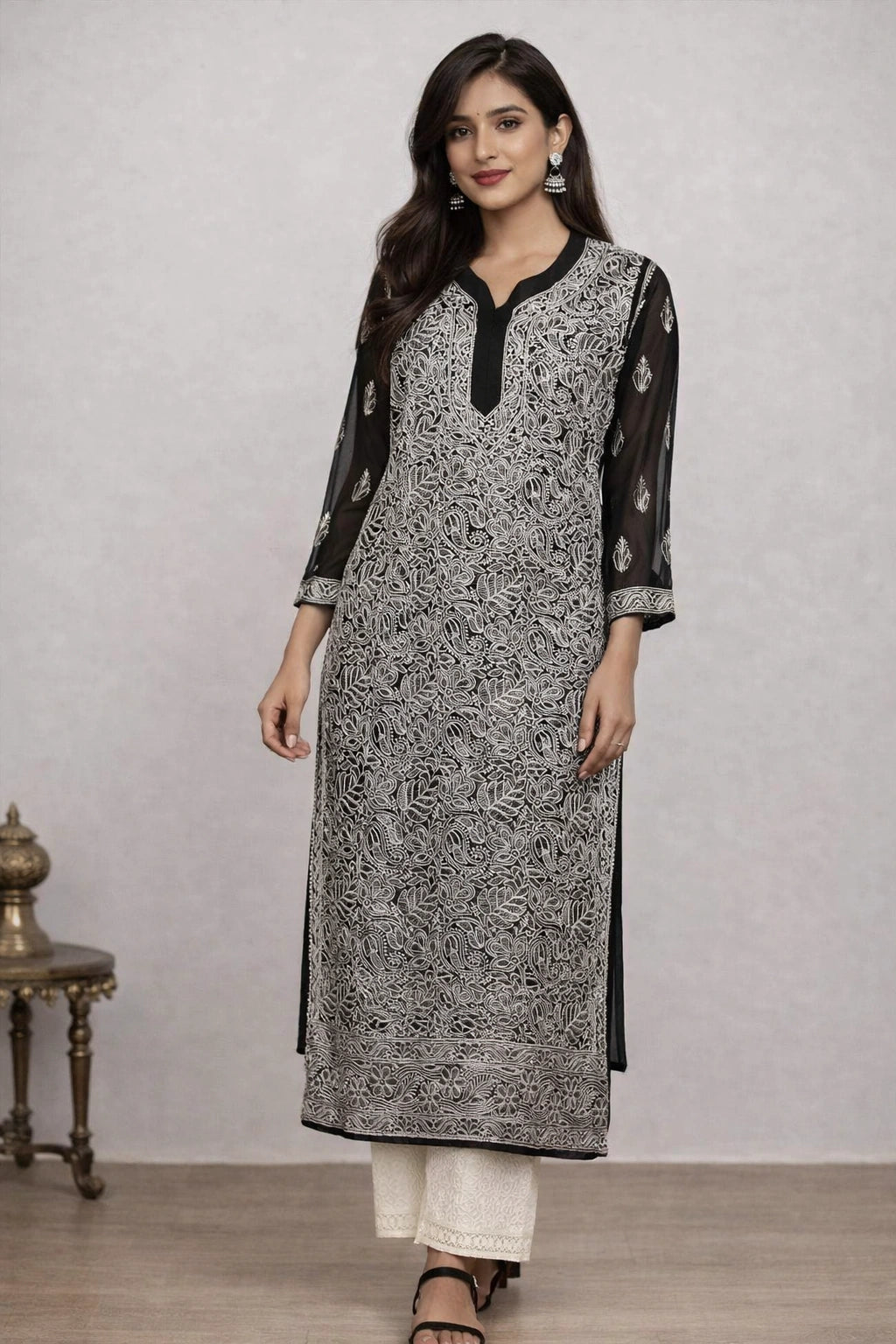 Lucknow Fashion Diary Hand Embroidered Lucknowi Chikankari Women's Black Georgette Kurta 