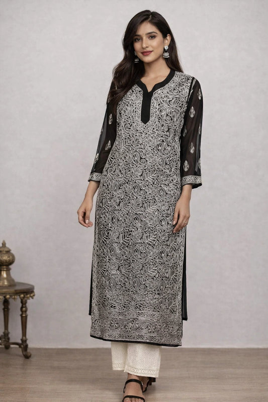 Lucknow Fashion Diary Hand Embroidered Lucknowi Chikankari Women's Black Georgette Kurta 