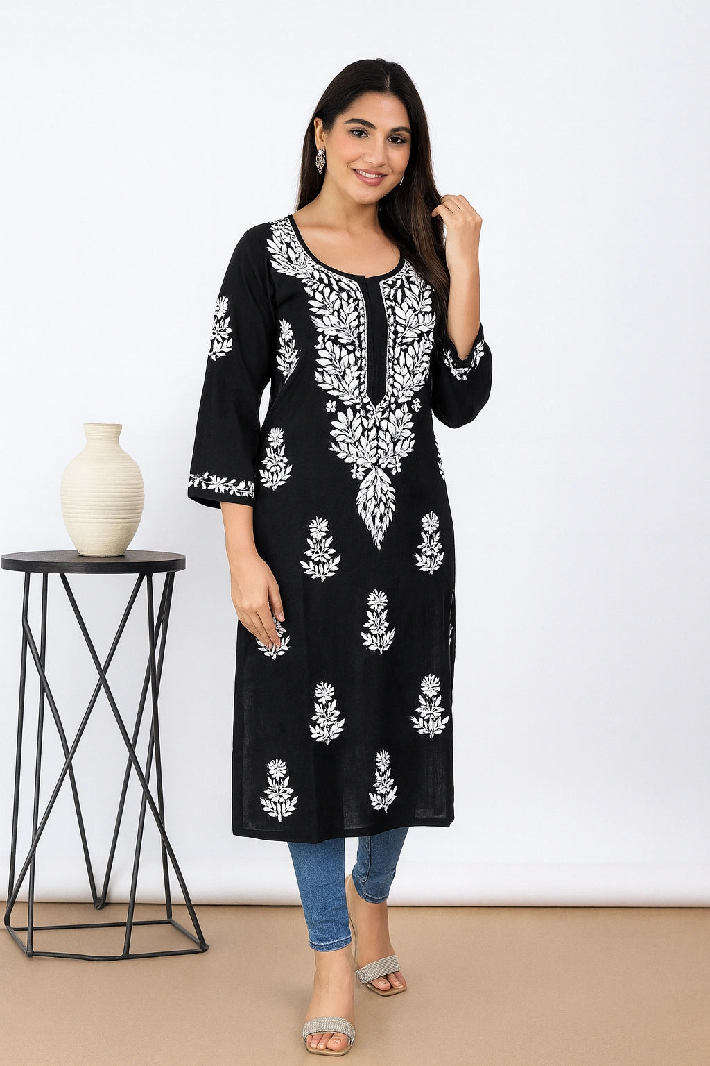 Lucknow Fashion Diary Hand Embroidered Lucknowi Chikankari Women's Black Cotton Kurti