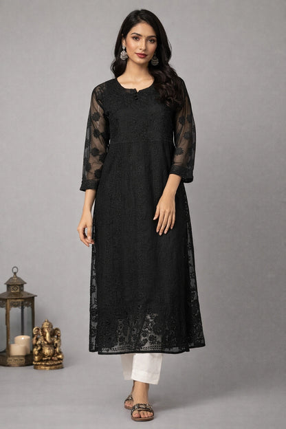 Lucknow Fashion Diary Hand Embroidered Lucknowi Chikankari Women's Black Georgette Anarkali