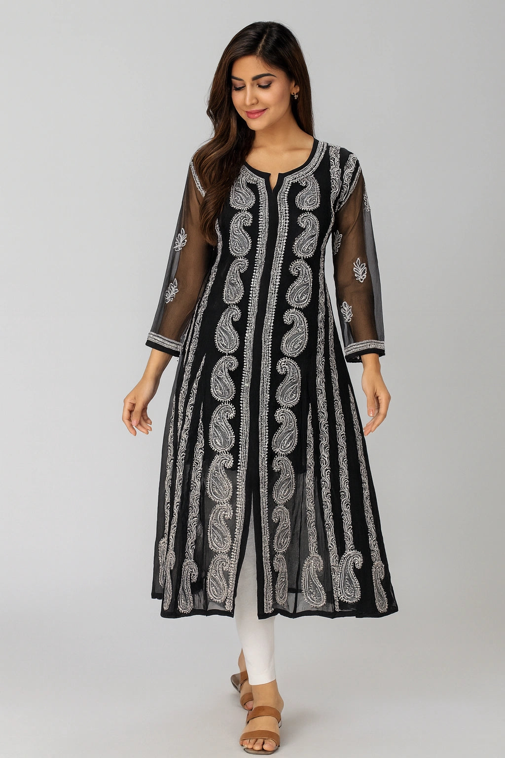 Lucknow Fashion Diary Hand Embroidered Lucknowi Chikankari Women's Black Georgette Anarkali