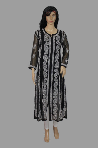 A black long kurta with intricate silver paisley and floral embroidery, displayed on a female mannequin against a solid gray background.