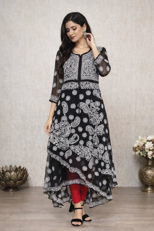 Lucknow Fashion Diary Hand Embroidered Lucknowi Chikankari Women's Black Georgette High Low Kurti 
