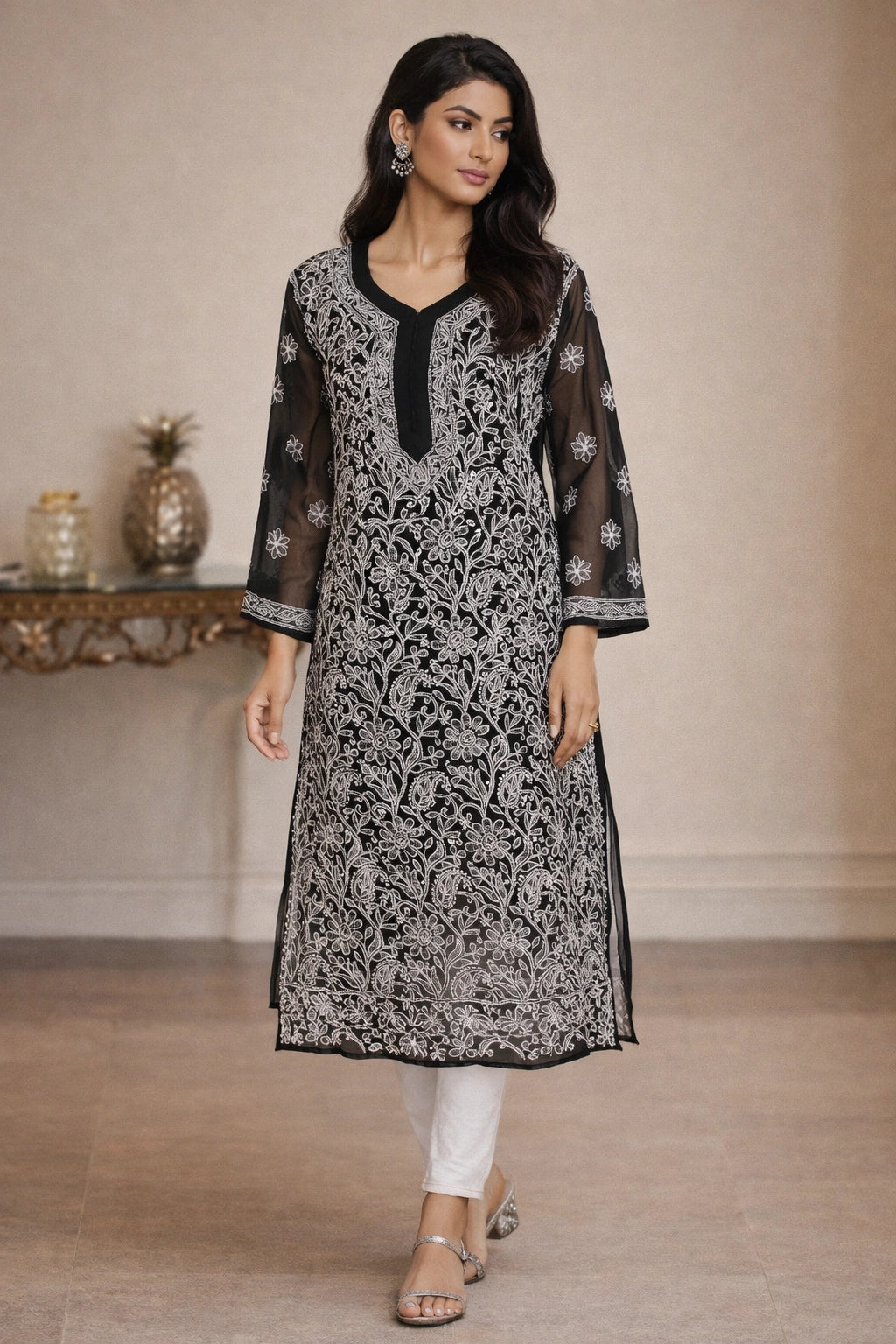 Lucknow Fashion Diary Hand Embroidered Lucknowi Chikankari Women's Black Georgette Kurti