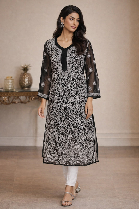 Lucknow Fashion Diary Hand Embroidered Lucknowi Chikankari Women's Black Georgette Kurti