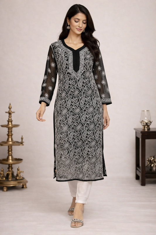 Lucknow Fashion Diary Hand Embroidered Lucknowi Chikankari Women's Black Georgette Kurti