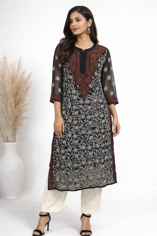 Lucknow Fashion Diary Hand Embroidered Lucknowi Chikankari Women's Black Georgette Kurti