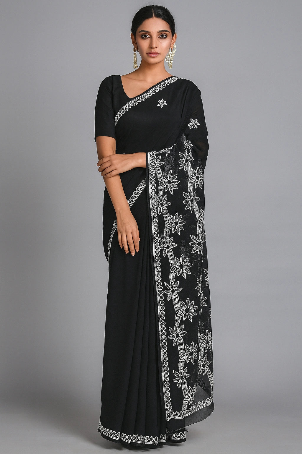 Lucknow Fashion Diary Hand Embroidered Lucknowi Chikankari Women's Black Georgette Saree With Blouse