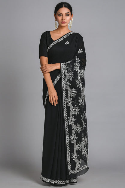 Lucknow Fashion Diary Hand Embroidered Lucknowi Chikankari Women's Black Georgette Saree With Blouse
