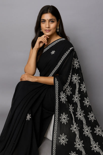 Woman wearing a lucknowi chikankari black saree with white floral patterns on a gray background