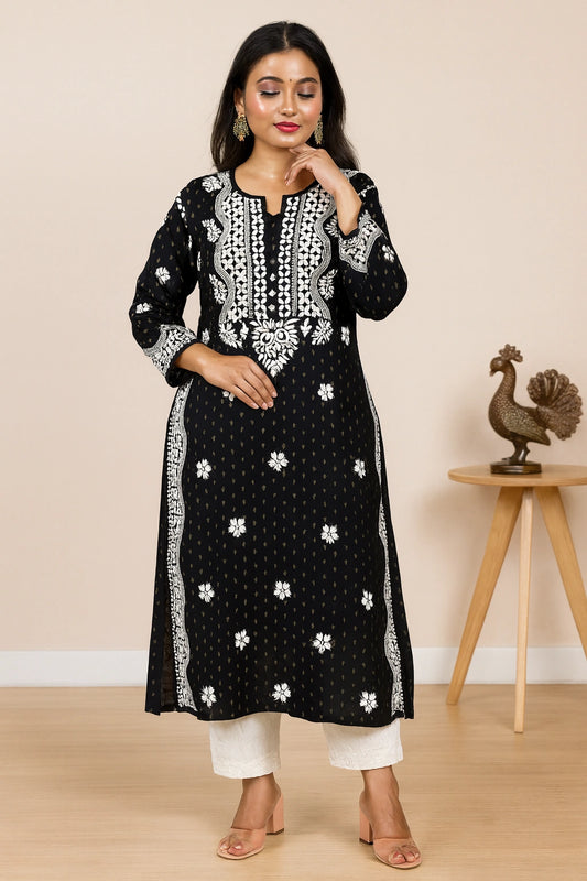 Lucknow Fashion Diary Hand Embroidered Lucknowi Chikankari Women's Black Rayon Kurti 