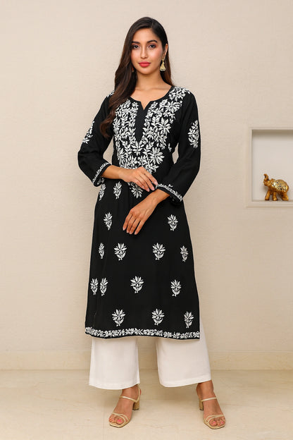 Lucknow Fashion Diary Hand Embroidered Lucknowi Chikankari Women's Black Rayon Kurti 