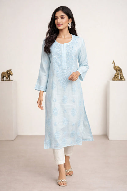 Lucknow Fashion Diary Hand Embroidered Lucknowi Chikankari Women's Blue Chanderi Kurti