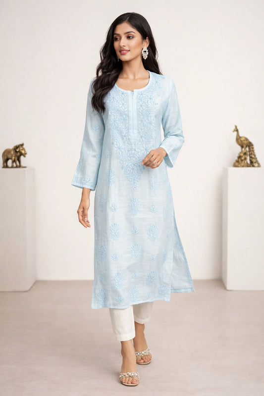 Lucknow Fashion Diary Hand Embroidered Lucknowi Chikankari Women's Blue Chanderi Kurti