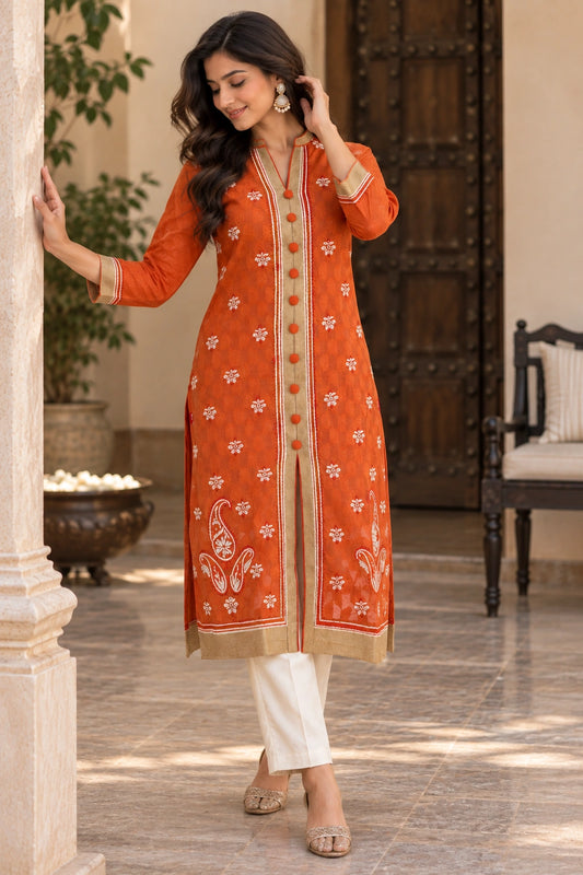 Lucknow Fashion Diary Hand Embroidered Lucknowi Chikankari Women's Blue Chanderi Kurti