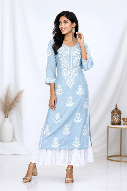 Lucknow Fashion Diary Hand Embroidered Lucknowi Chikankari Women's Blue Cotton Kurti