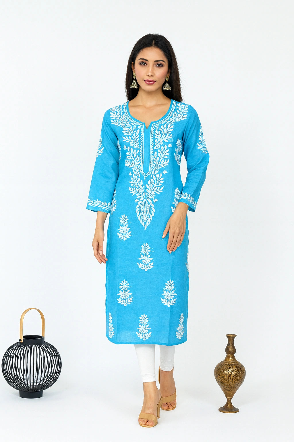 Lucknow Fashion Diary Hand Embroidered Lucknowi Chikankari Women's Blue Cotton Kurti