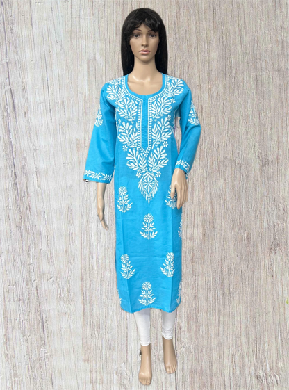 A bright blue three-quarter sleeve kurta with white floral embroidery, displayed on a female mannequin against a light wood-textured background.
