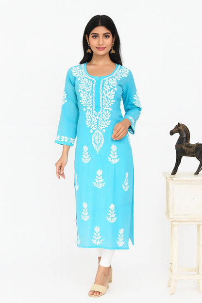 Lucknow Fashion Diary Hand Embroidered Lucknowi Chikankari Women's Blue Cotton Kurti