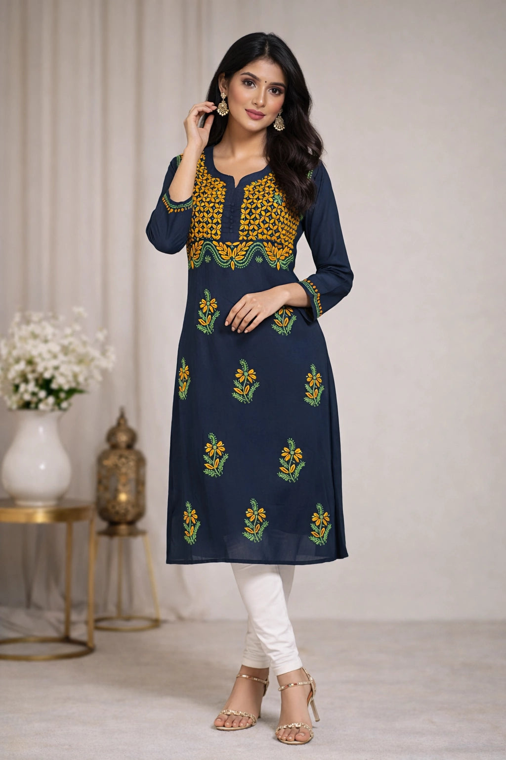 Lucknow Fashion Diary Hand Embroidered Lucknowi Chikankari Women's Navy Blue Cotton Kurta