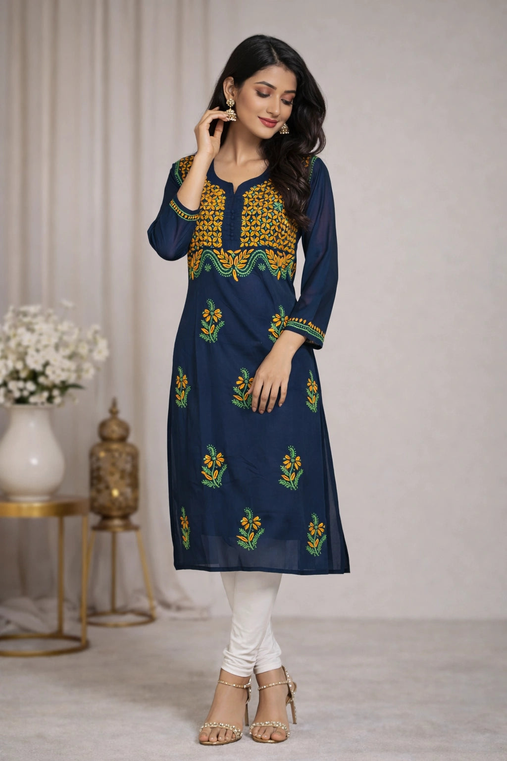 Woman wearing a navy blue embroidered kurta with white pants in a minimalistic setting.
