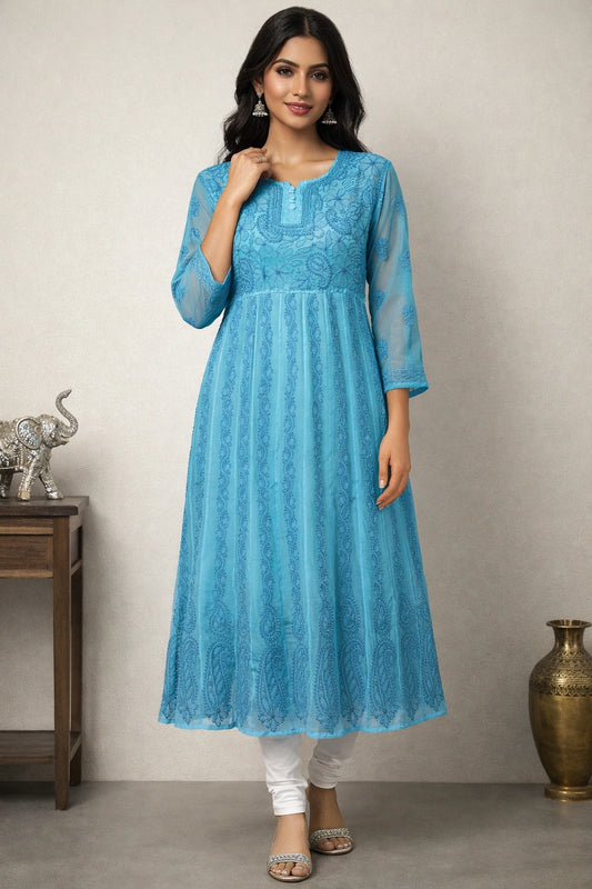 Lucknow Fashion Diary Hand Embroidered Lucknowi Chikankari Women's Blue Georgette Anarkali