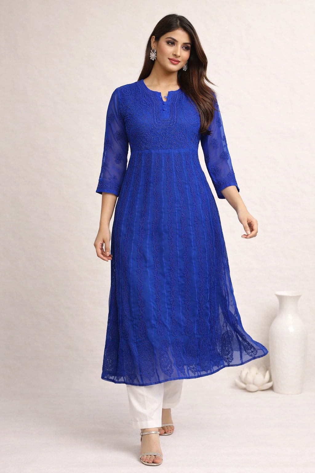 Lucknow Fashion Diary Hand Embroidered Lucknowi Chikankari Women's Blue Georgette Anarkali