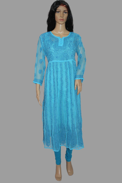 Blue hand embroidered anarkali kurta on a mannequin against a wooden background