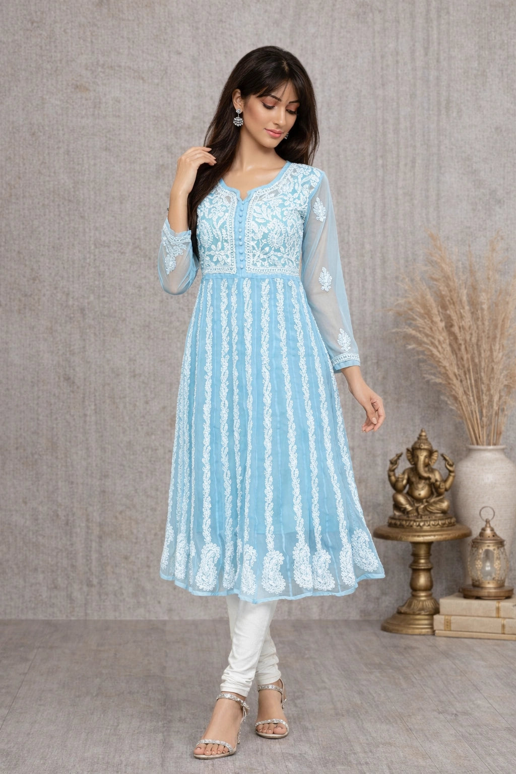 Lucknow Fashion Diary Hand Embroidered Lucknowi Chikankari Women's Blue Georgette Anarkali
