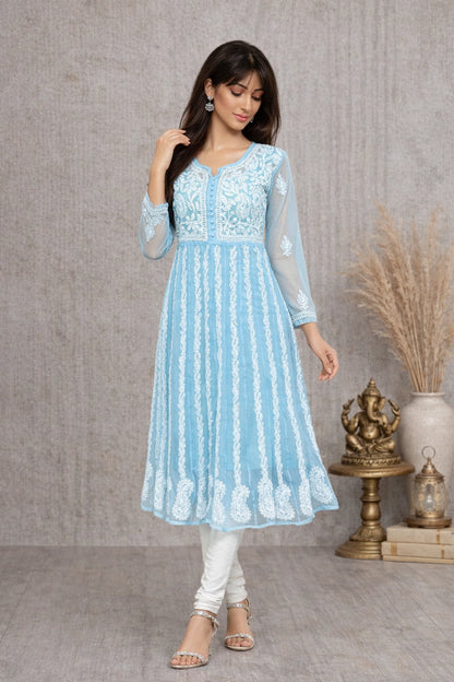 Lucknow Fashion Diary Hand Embroidered Lucknowi Chikankari Women's Blue Georgette Anarkali