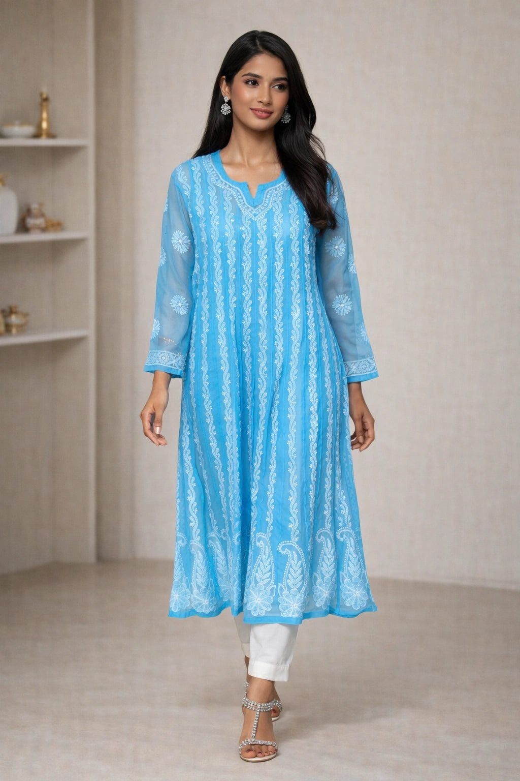 Lucknow Fashion Diary Hand Embroidered Lucknowi Chikankari Women's Blue Georgette Anarkali
