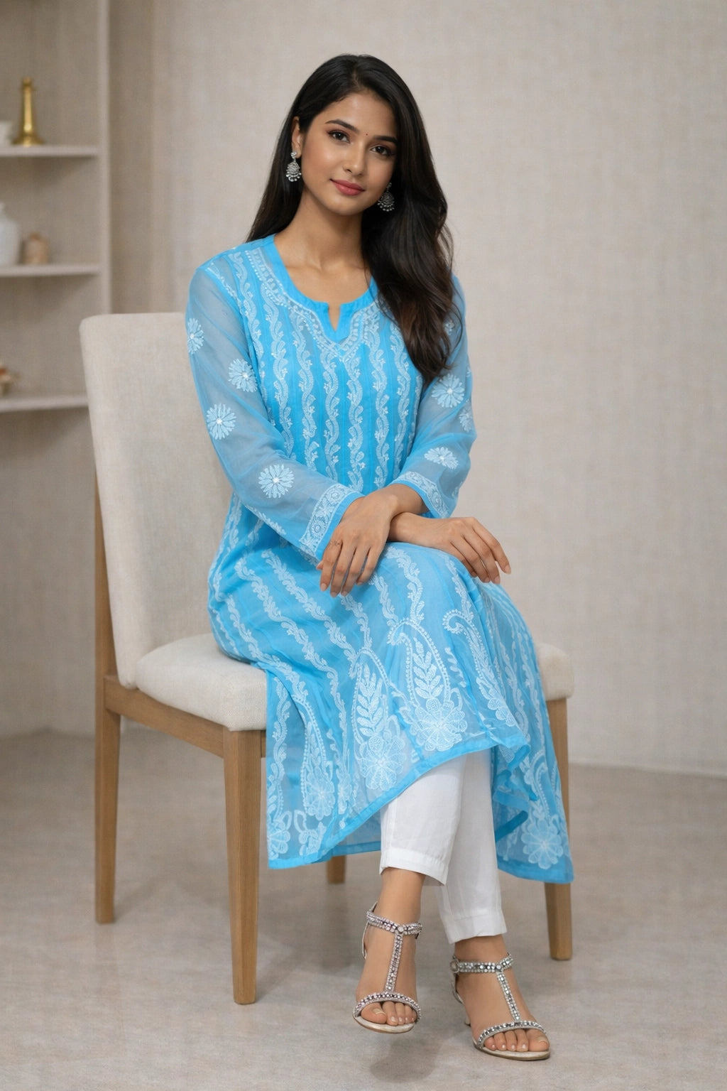 Woman wearing a blue lucknowi chikankari anarkali sitting on a chair.