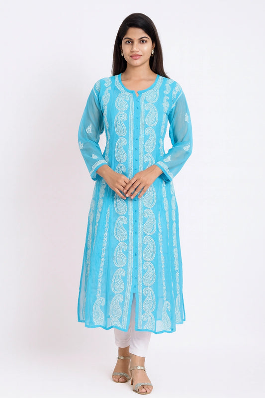 Lucknow Fashion Diary Hand Embroidered Lucknowi Chikankari Women's Blue Georgette Anarkali