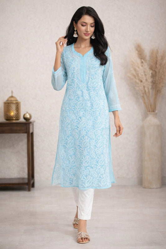 Lucknow Fashion Diary Hand Embroidered Lucknowi Chikankari Women's Blue Georgette Kurta