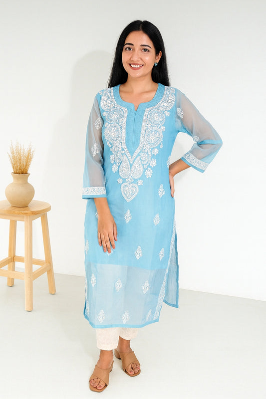 Lucknow Fashion Diary Hand Embroidered Lucknowi Chikankari Women's Blue Georgette Kurti