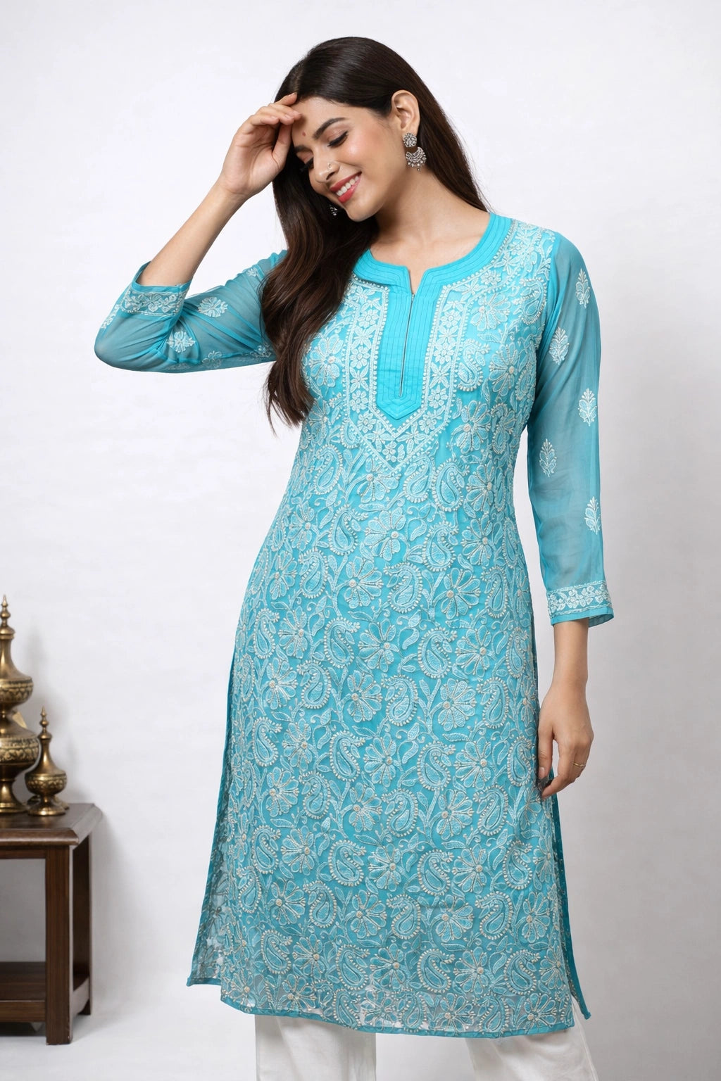 Lucknow Fashion Diary Hand Embroidered Lucknowi Chikankari Women's Blue Georgette Kurta