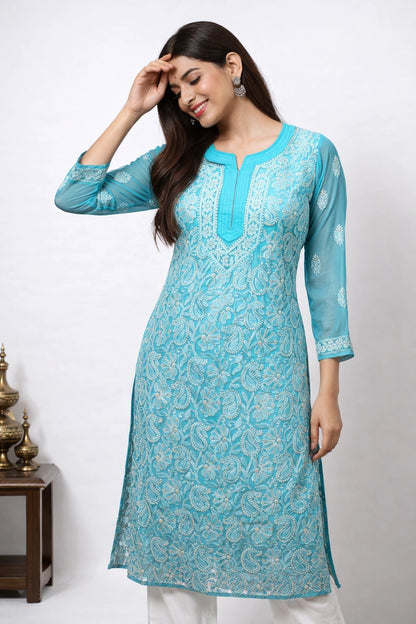 Lucknow Fashion Diary Hand Embroidered Lucknowi Chikankari Women's Blue Georgette Kurta