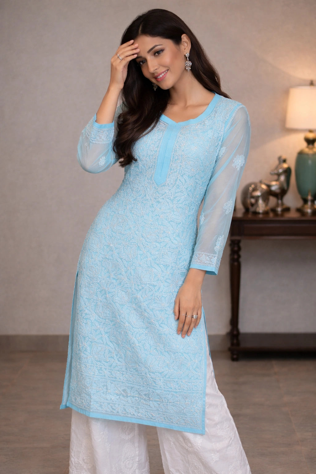 Lucknow Fashion Diary Hand Embroidered Lucknowi Chikankari Women's Blue Georgette Kurti