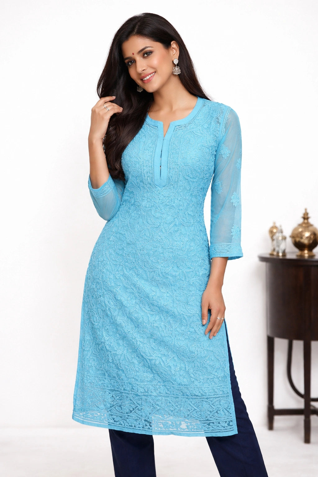 Lucknow Fashion Diary Hand Embroidered Lucknowi Chikankari Women's Blue Georgette Kurti