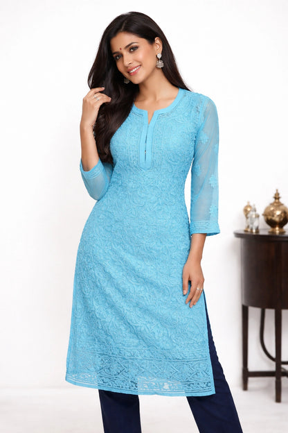 Lucknow Fashion Diary Hand Embroidered Lucknowi Chikankari Women's Blue Georgette Kurti
