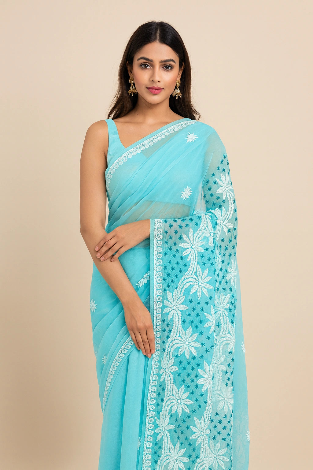Lucknow Fashion Diary Hand Embroidered Lucknowi Chikankari Women's Blue Georgette Saree With Blouse