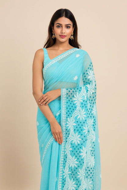 Lucknow Fashion Diary Hand Embroidered Lucknowi Chikankari Women's Blue Georgette Saree With Blouse