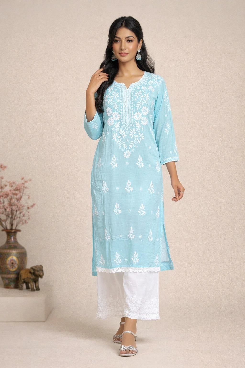 Lucknow Fashion Diary Hand Embroidered Lucknowi Chikankari Women's Blue Modal Kurti